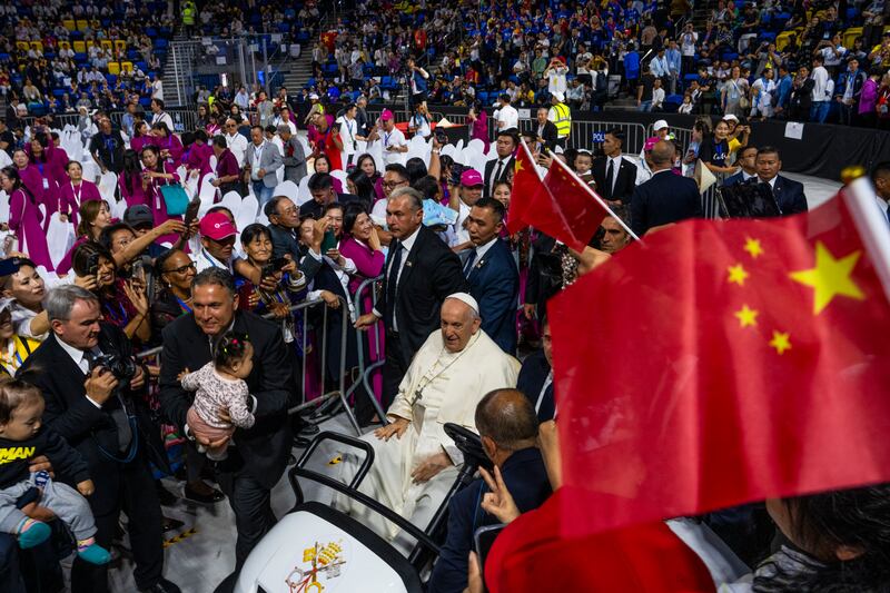 Pope Francis arrives to preside over a mass in the Mongolian capital Ulaanbaatar, Sept. 3, 2023.